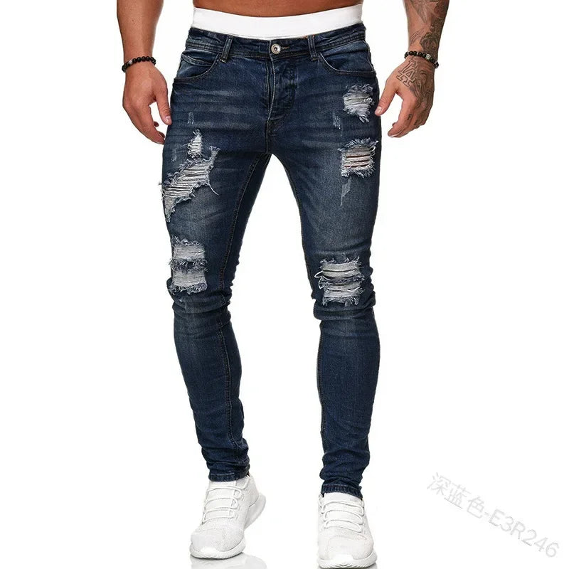 Ripped Men Jeans Denim Pant Mid Waist Slim Fit Vintage Denim Wash Punk Style Skinny Pencil Pants Distressed Holes Ankle Length