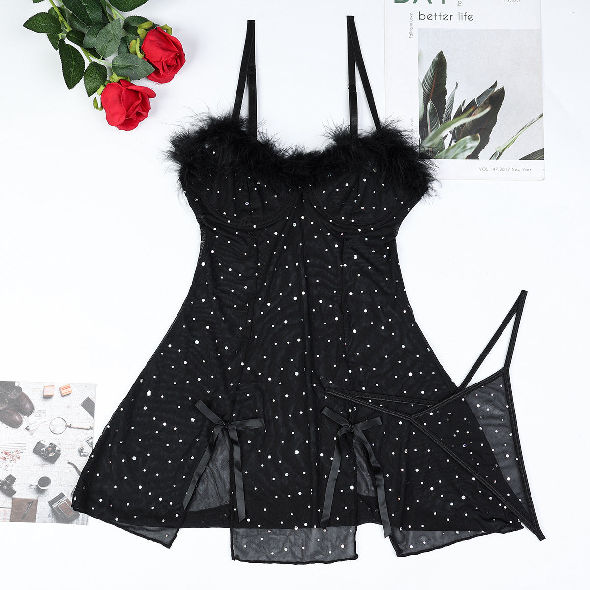 Sexy Black Rhinestone Shiny Crystal Feather Stitching See through Elastic Net Split Dress Two Piece Set Women