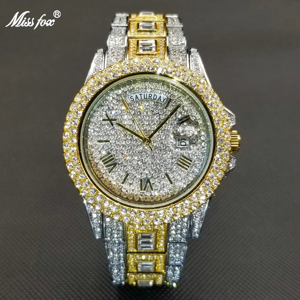 Luxury Shiny Diamond Watch For Men Hip Hop Trendy Iced Out Quartz Watches High Quality Stainless Steel Waterproof Day Date Clock
