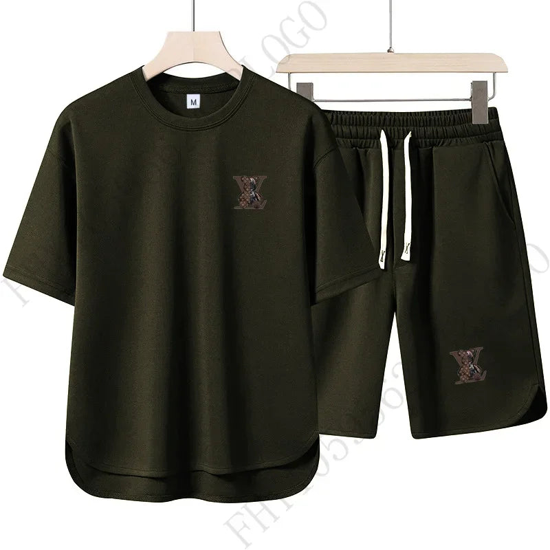 2025 Summer Street men fashion Breathable fitness sports fashion high quality printed short sleeve T-shirt + jogging shorts set