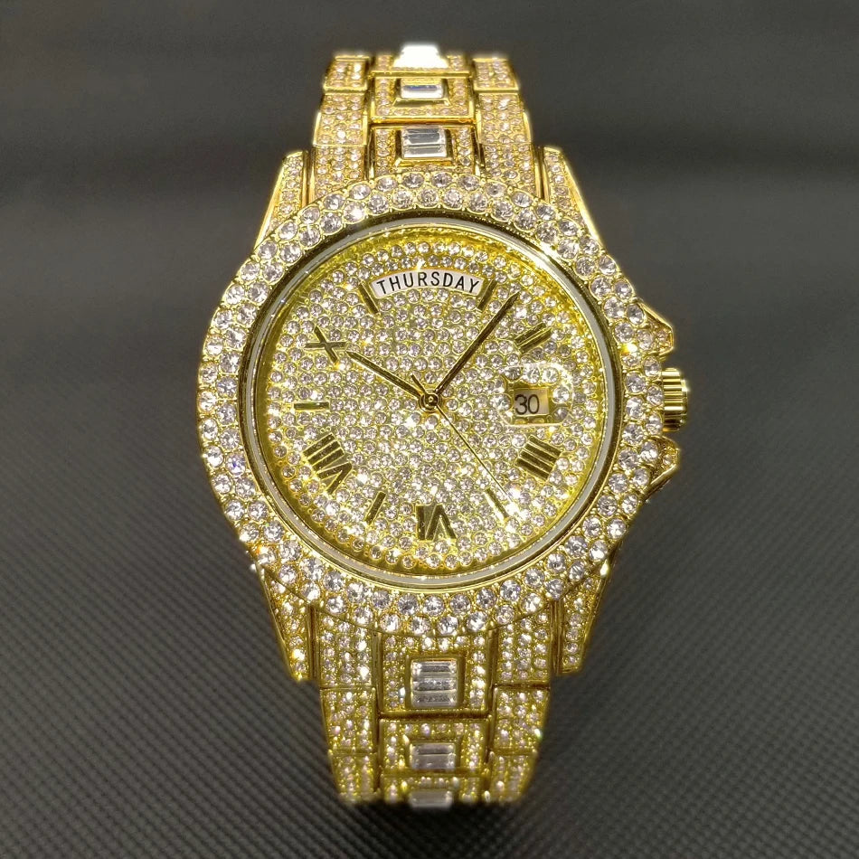 Luxury Shiny Diamond Watch For Men Hip Hop Trendy Iced Out Quartz Watches High Quality Stainless Steel Waterproof Day Date Clock