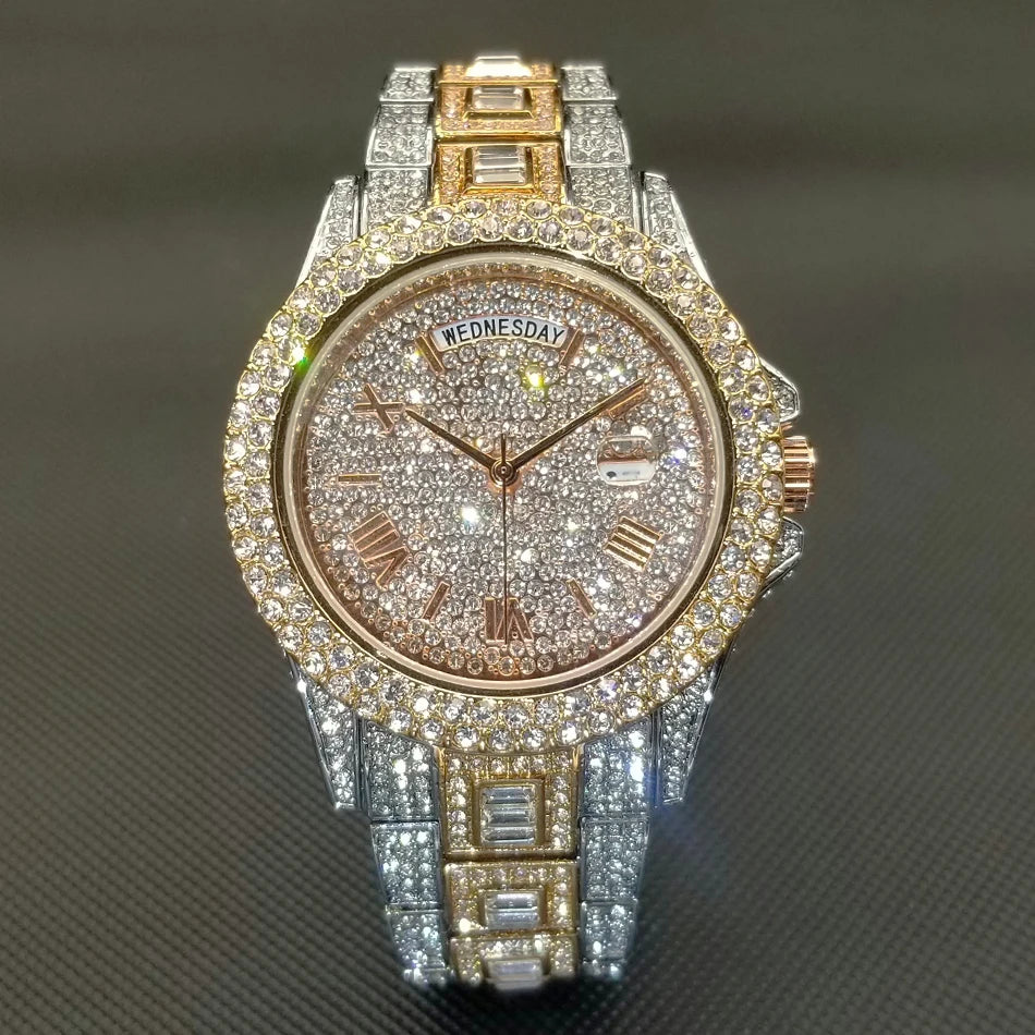 Luxury Shiny Diamond Watch For Men Hip Hop Trendy Iced Out Quartz Watches High Quality Stainless Steel Waterproof Day Date Clock