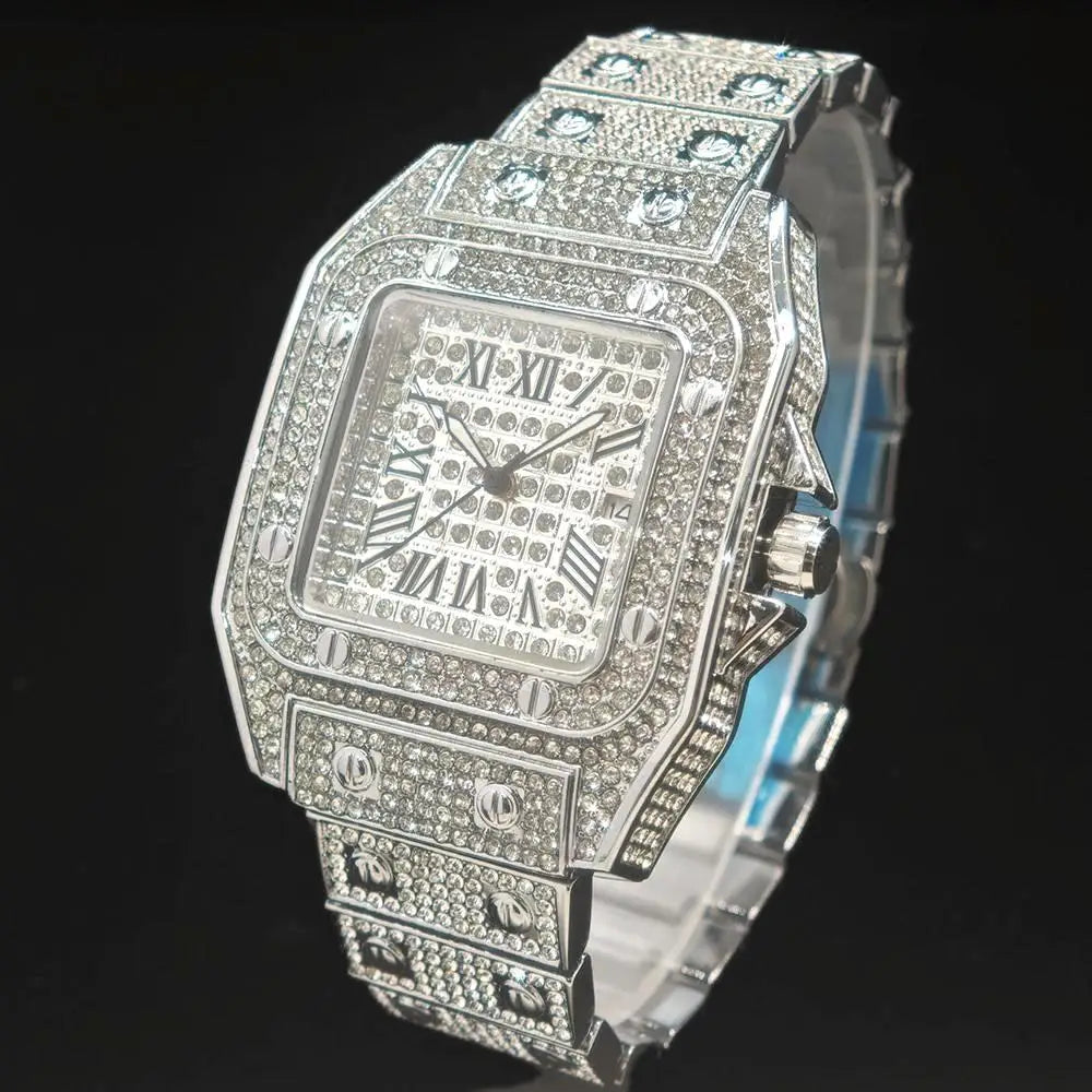 2025 Hot Sell Ice Watches Men Luxury Stainless Steel Hip Hop Full Diamond Square Quartz Wristwatch With Calendar Droshipping