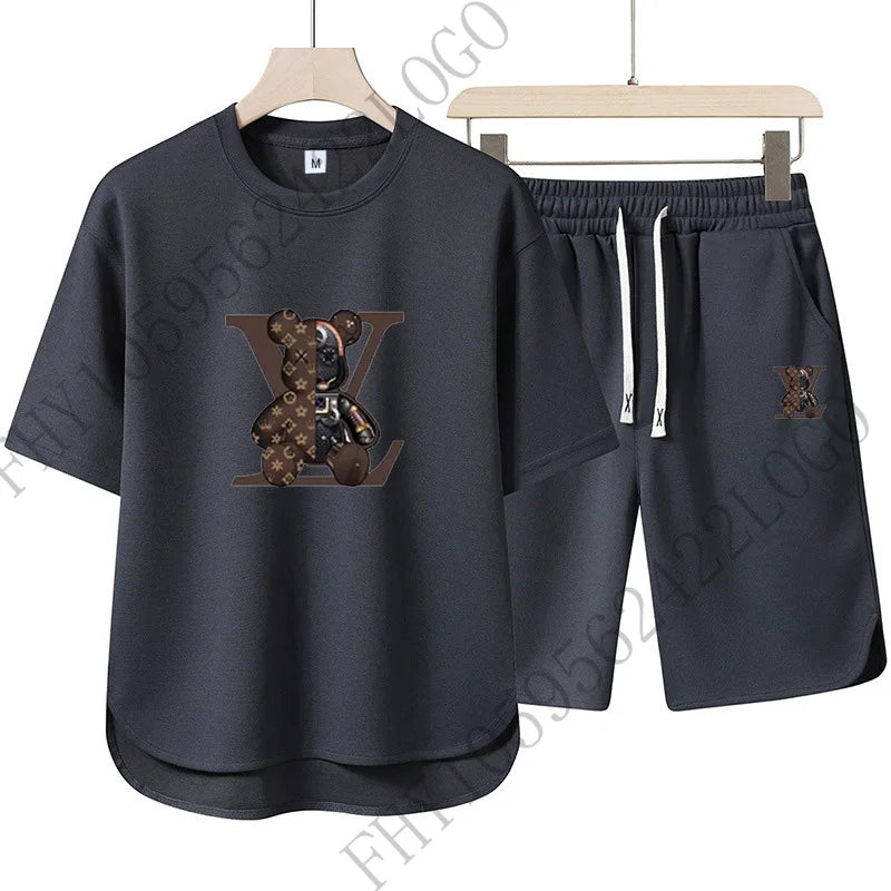 2025 Summer Street men fashion Breathable fitness sports fashion high quality printed short sleeve T-shirt + jogging shorts set