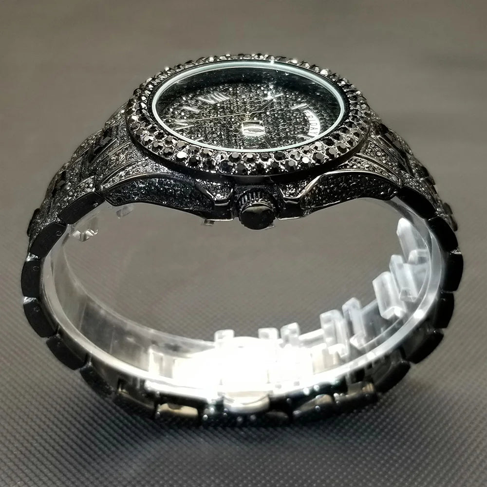 Luxury Shiny Diamond Watch For Men Hip Hop Trendy Iced Out Quartz Watches High Quality Stainless Steel Waterproof Day Date Clock