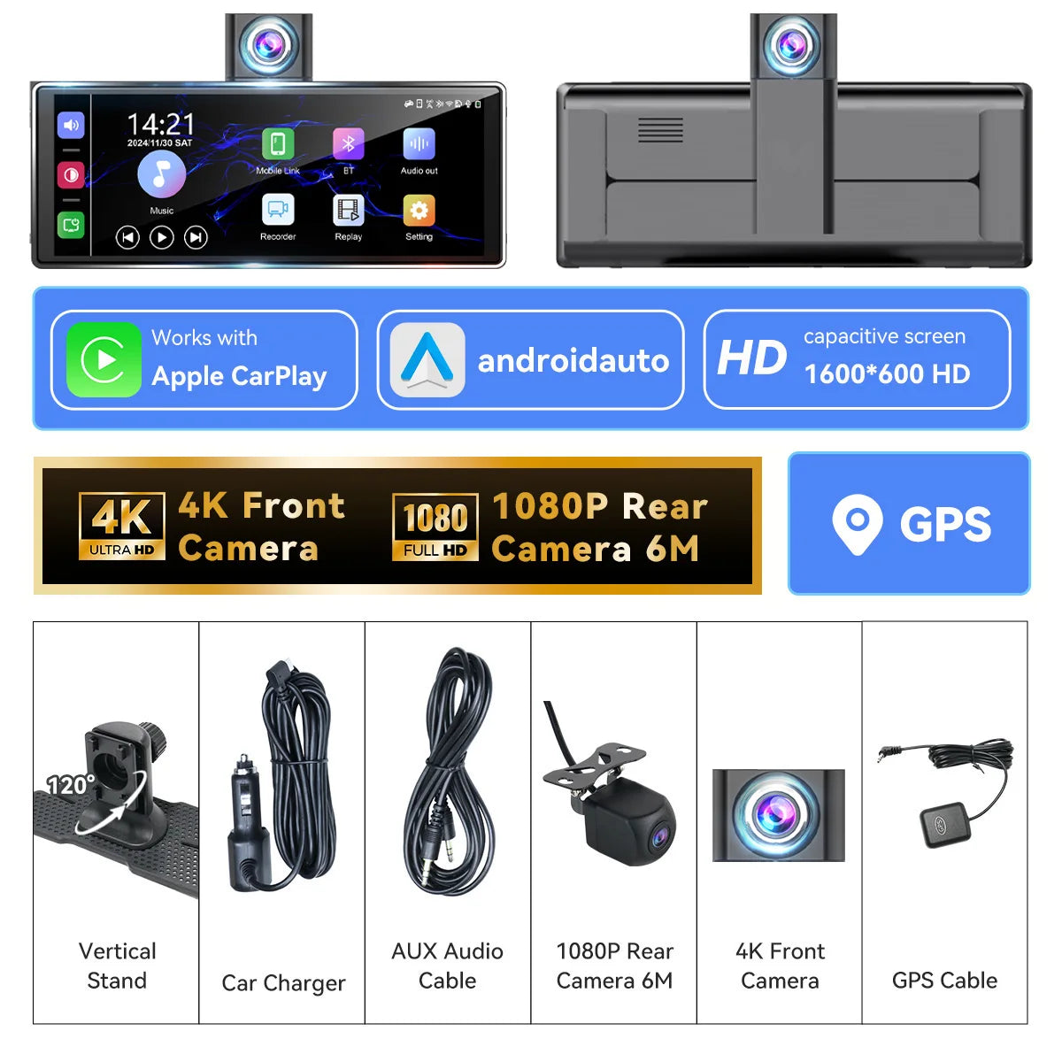 10.26" 4K/1080P Touch Car Stereo with CarPlay & Android Auto | Front & Rear Dash Cam, Night Vision, WiFi, Bluetooth, FM