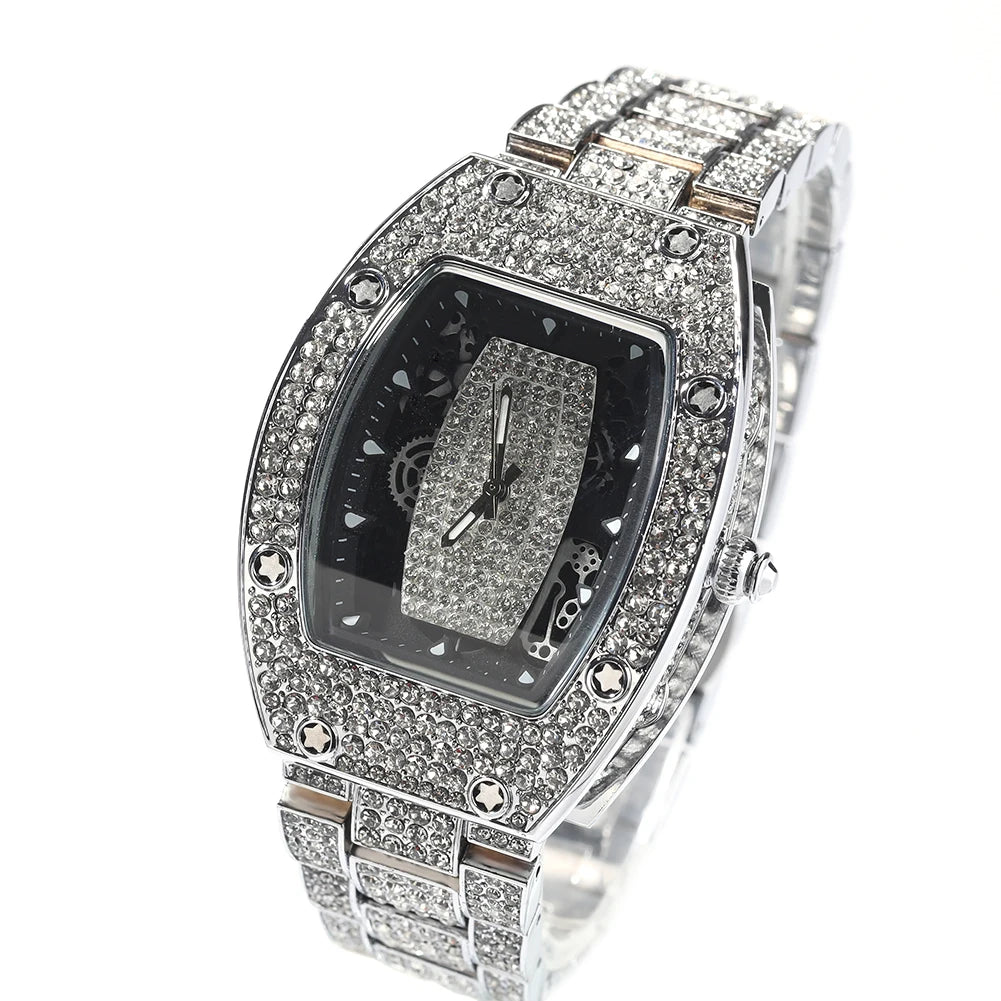 THE BLING KING Big Men's Watch Waterproof Full Iced Out Rectangle Dial Luxury Brand Quartz Automatic Wrist Mens Hiphop Watch
