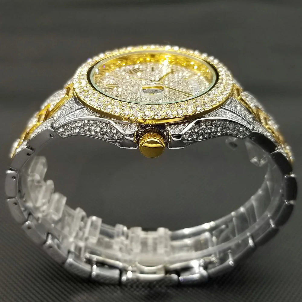 Luxury Shiny Diamond Watch For Men Hip Hop Trendy Iced Out Quartz Watches High Quality Stainless Steel Waterproof Day Date Clock