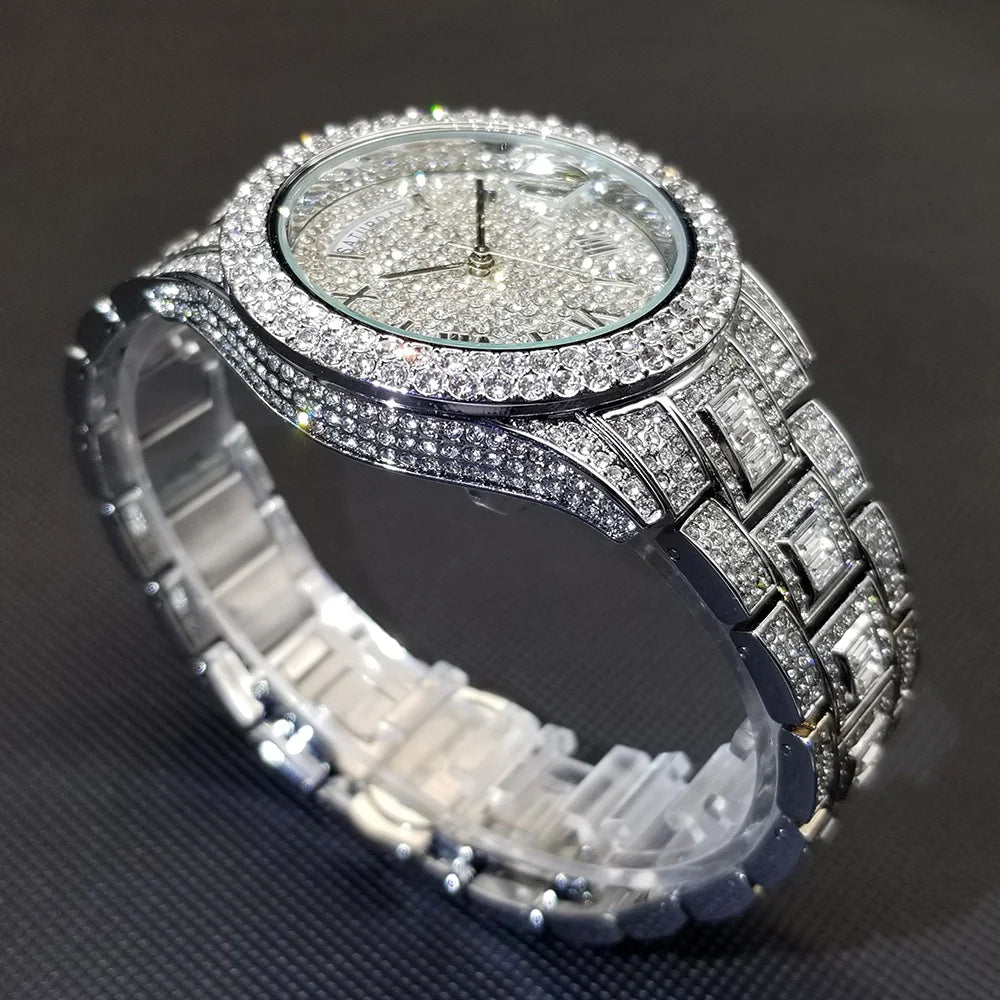 Luxury Shiny Diamond Watch For Men Hip Hop Trendy Iced Out Quartz Watches High Quality Stainless Steel Waterproof Day Date Clock