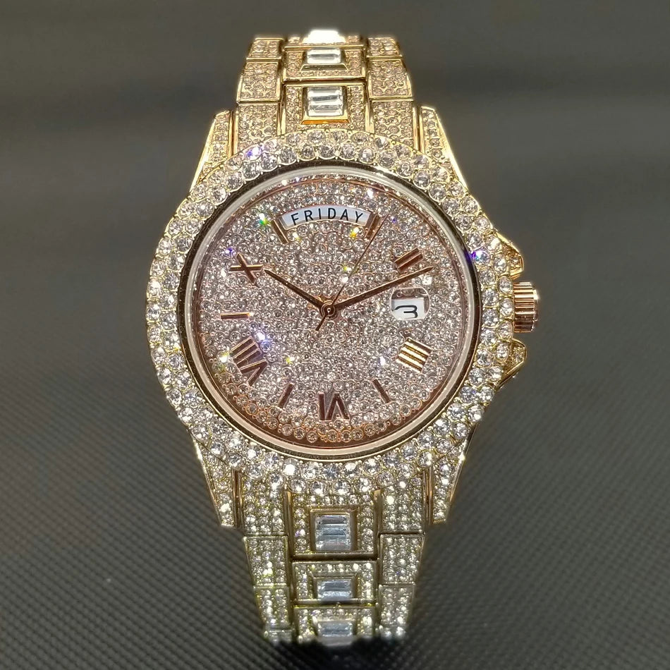 Luxury Shiny Diamond Watch For Men Hip Hop Trendy Iced Out Quartz Watches High Quality Stainless Steel Waterproof Day Date Clock