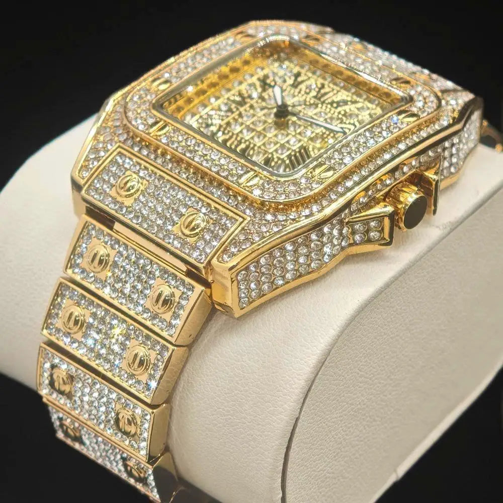 2025 Hot Sell Ice Watches Men Luxury Stainless Steel Hip Hop Full Diamond Square Quartz Wristwatch With Calendar Droshipping