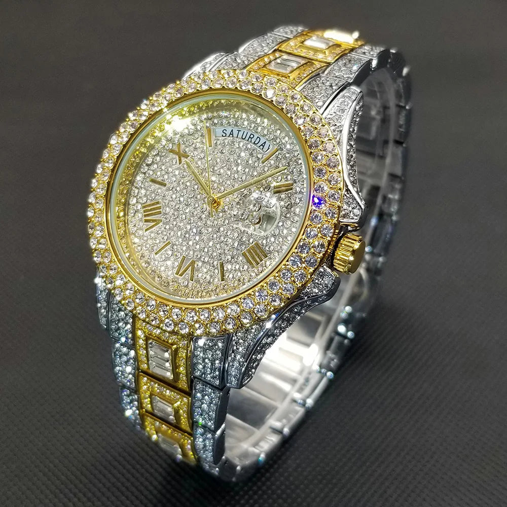 Luxury Shiny Diamond Watch For Men Hip Hop Trendy Iced Out Quartz Watches High Quality Stainless Steel Waterproof Day Date Clock