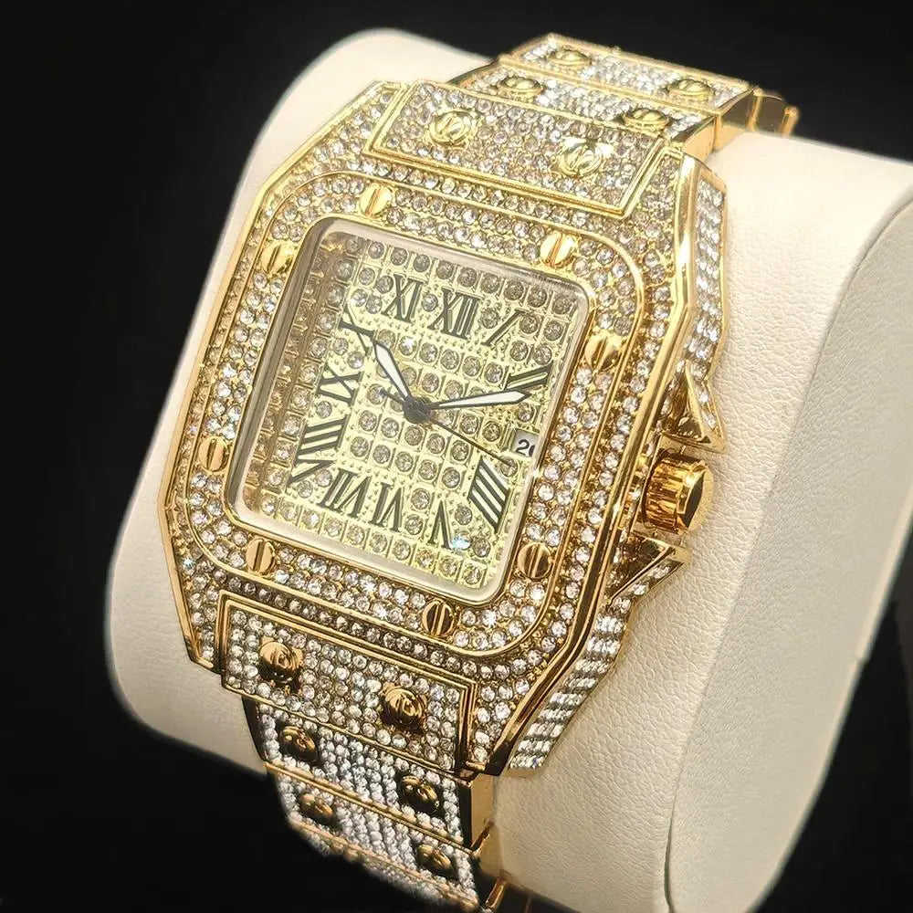 2025 Hot Sell Ice Watches Men Luxury Stainless Steel Hip Hop Full Diamond Square Quartz Wristwatch With Calendar Droshipping