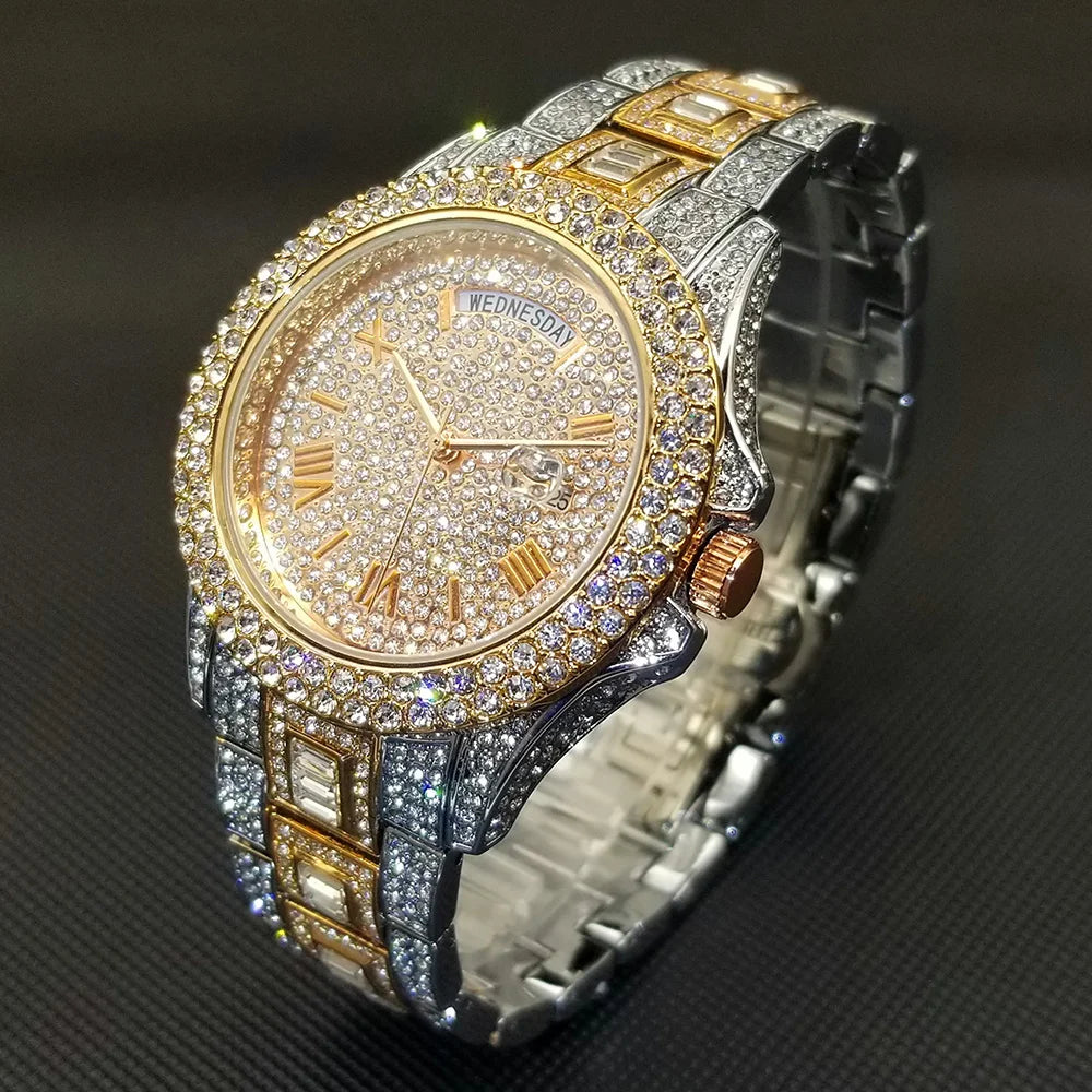 Luxury Shiny Diamond Watch For Men Hip Hop Trendy Iced Out Quartz Watches High Quality Stainless Steel Waterproof Day Date Clock