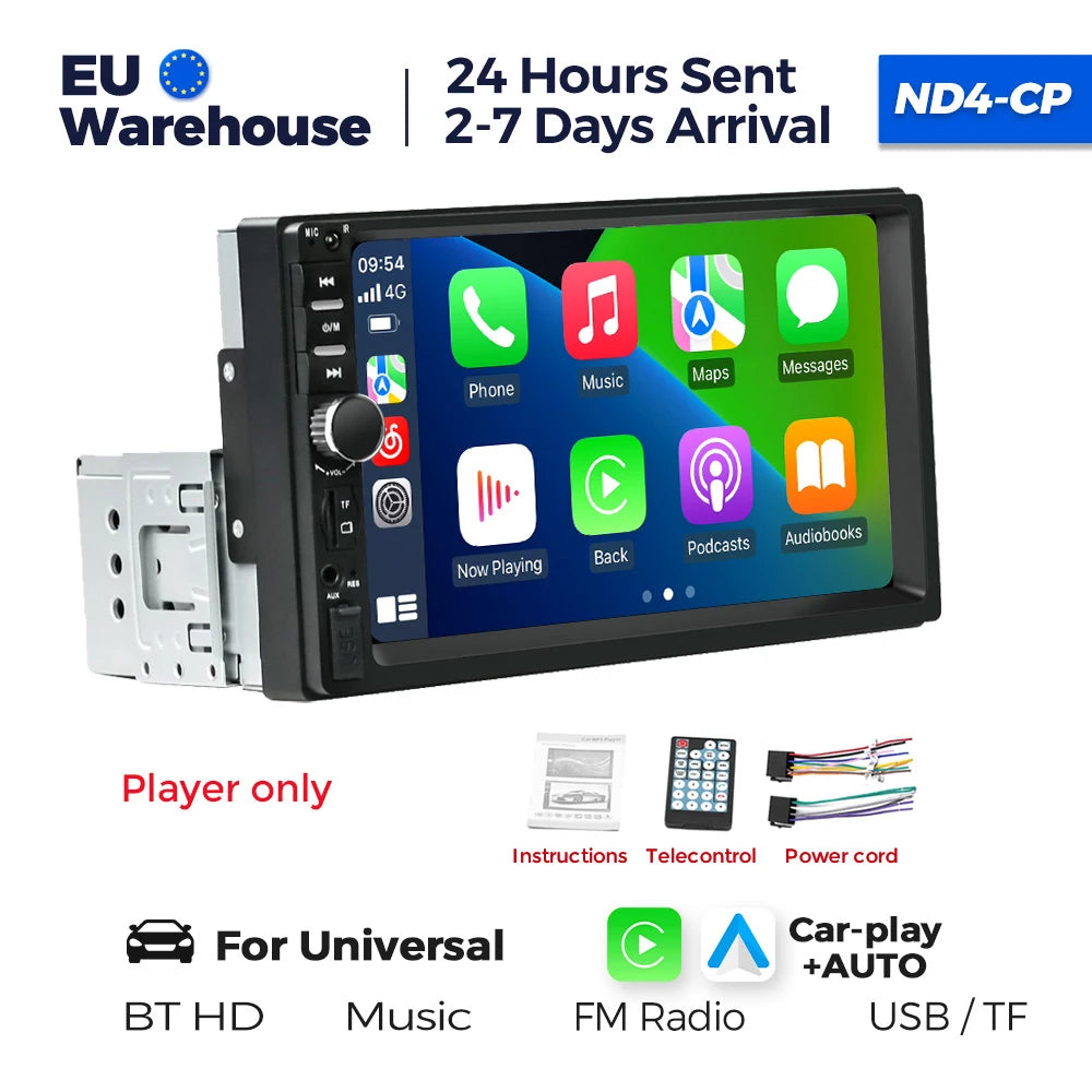 1DIN 7inch HD Touch Screen Universal Car Radio Multimedia Player MP5 Car-play Auto BT For Ford Honda Hyundai KIA Fiat VW Nissan