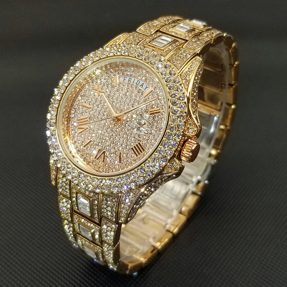 Luxury Shiny Diamond Watch For Men Hip Hop Trendy Iced Out Quartz Watches High Quality Stainless Steel Waterproof Day Date Clock