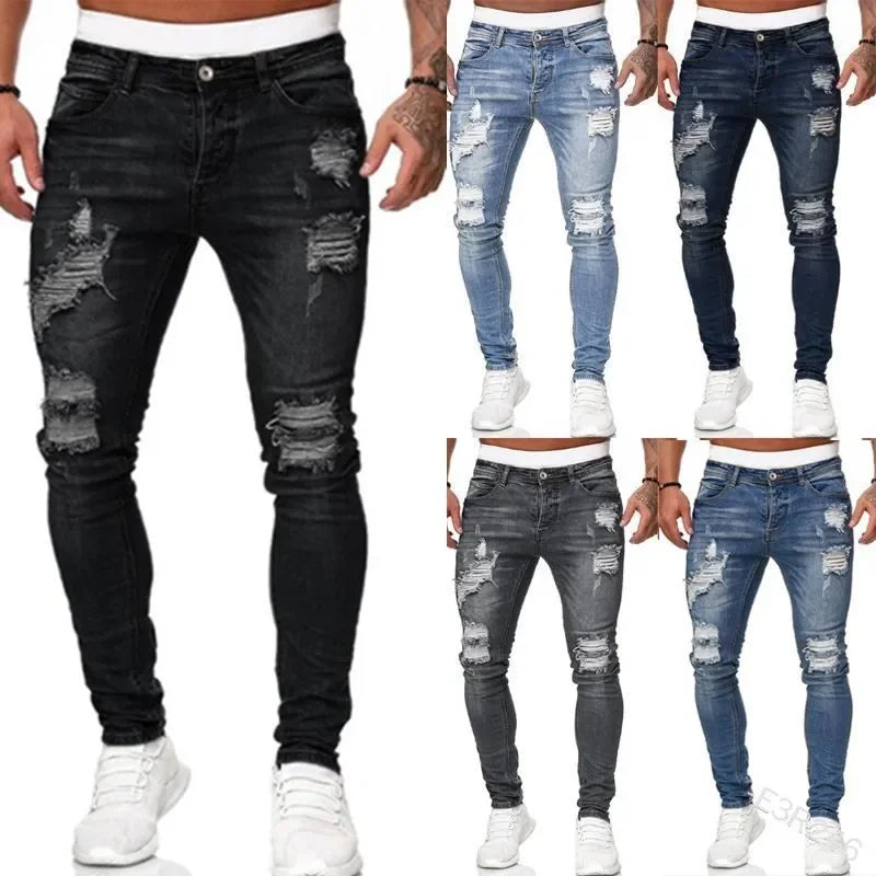Ripped Men Jeans Denim Pant Mid Waist Slim Fit Vintage Denim Wash Punk Style Skinny Pencil Pants Distressed Holes Ankle Length