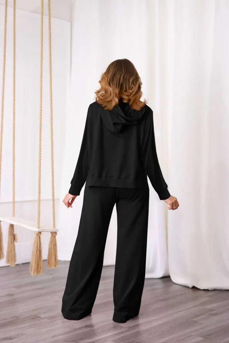 GUWU Active Wear Autumn Solid Women's Set Long Sleeve Hooded Sweater and Wide Leg Pants Two 2 Piece Sets Outfits Tracksuit