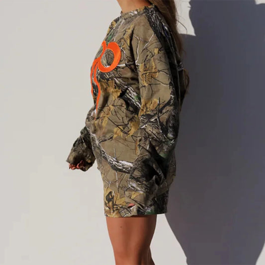 Women Fashion Workout Outfits Bow Embroidery Camouflage Long Sleeves Sweatshirts and Elastic Shorts for Activewear Tracksuits