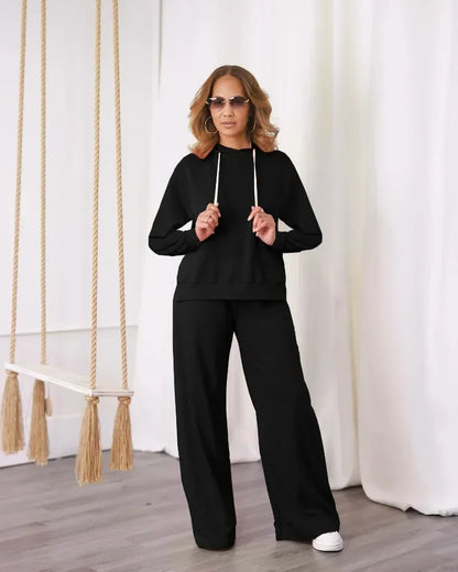 GUWU Active Wear Autumn Solid Women's Set Long Sleeve Hooded Sweater and Wide Leg Pants  Two 2 Piece Sets Outfits Tracksuit