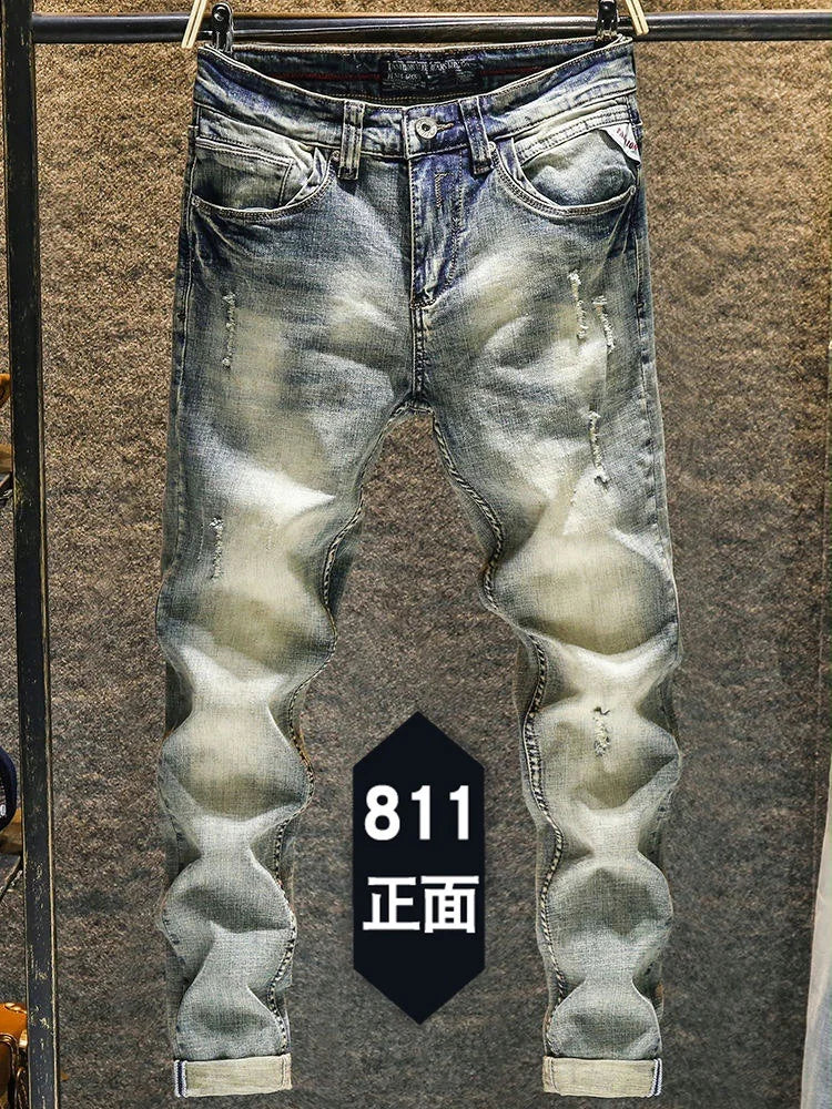 Elastic Old Pants Men's Jeans  2022 New Autumn Winter Slim Feet  Ripped Skinny Hip Hop Cowboy Men Designer Jeans for Men