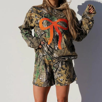 Women Fashion Workout Outfits Bow Embroidery Camouflage Long Sleeves Sweatshirts and Elastic Shorts for Activewear Tracksuits