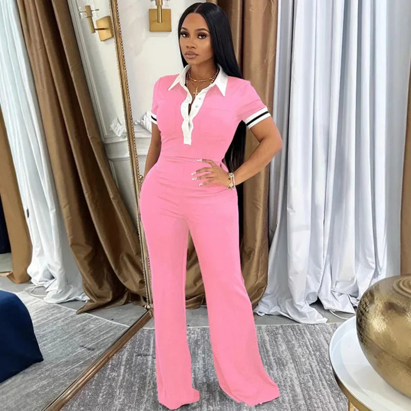 Striped Casual Tracksuits Set Woman 2 Piece Set Outfit Activewear Turn-down Collar Polo Shirt Top and Wide Leg Pants Sweat Suit