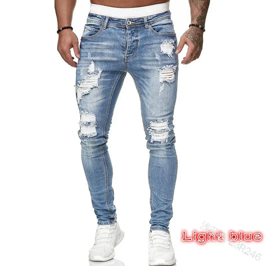 “my blue jeans  ripped men’s denim jeans with slim fit and ankle length, distressed punk style”
