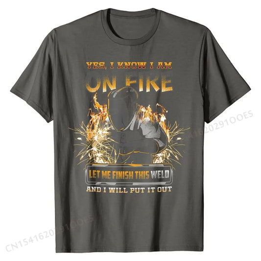 “on fire  cotton t-shirt with funny welder-themed graphic on the back, available in multiple colors”