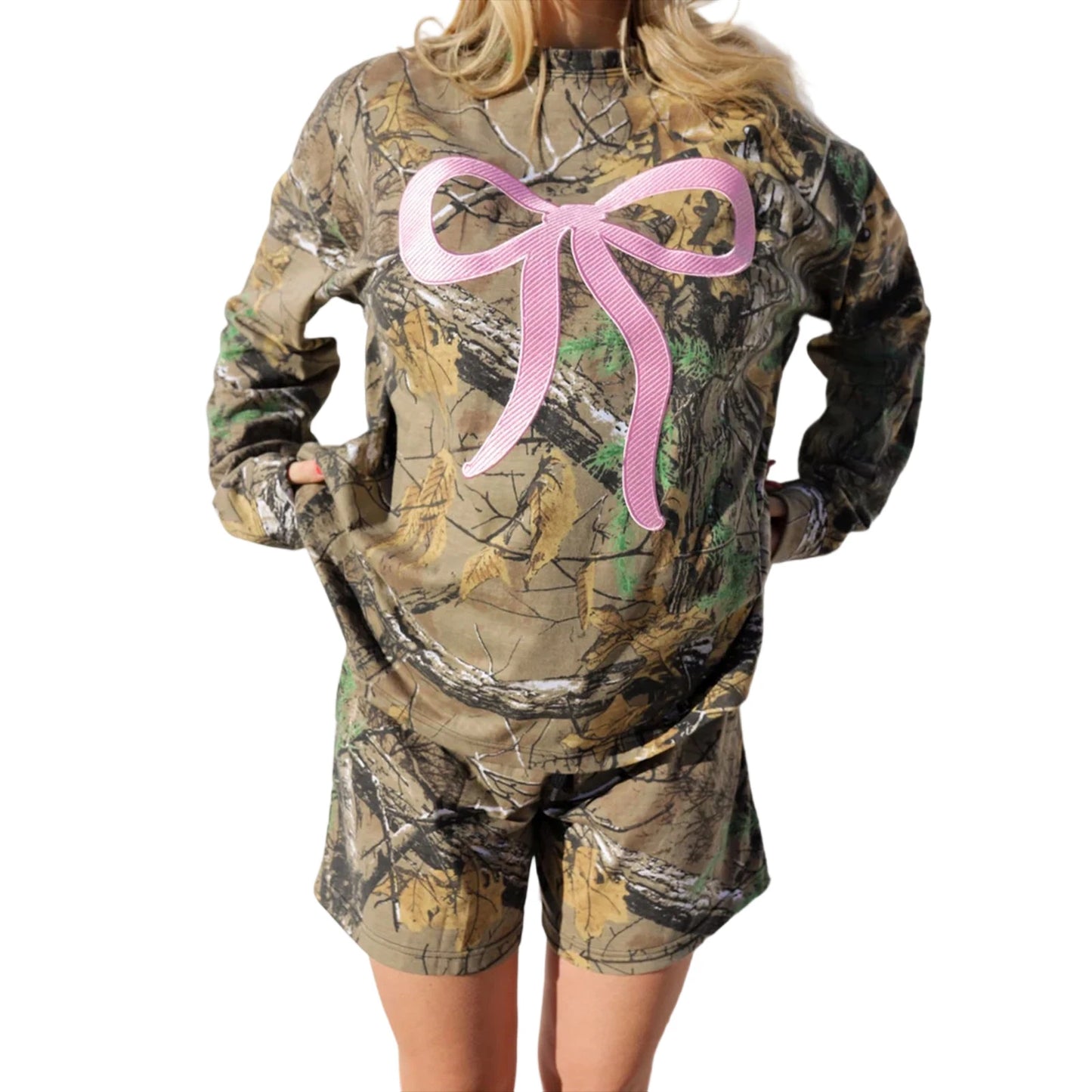 Women Fashion Workout Outfits Bow Embroidery Camouflage Long Sleeves Sweatshirts and Elastic Shorts for Activewear Tracksuits