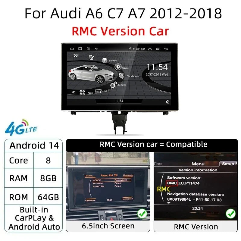 Android 14 Auto Radio Wireless Carplay Touch Screen For Audi A6 C7 A7 2012-2018 Car Multimedia Player Navigation Stereo GPS WIFI