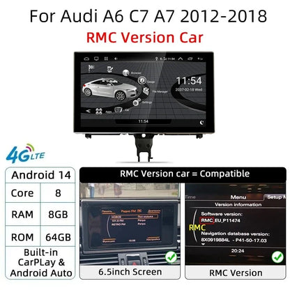 Android 14 Auto Radio Wireless Carplay Touch Screen For Audi A6 C7 A7 2012-2018 Car Multimedia Player Navigation Stereo GPS WIFI
