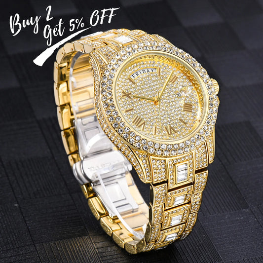 “Gold-plated luxury wristwatch with iced-out Cuban link band”
