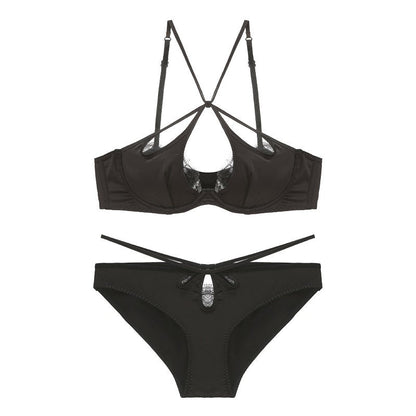 French Sexy Underwear Glossy Cutout Eyelash Lace Thin Soft Steel Ring Criss Cross Strap Push up Bra Set