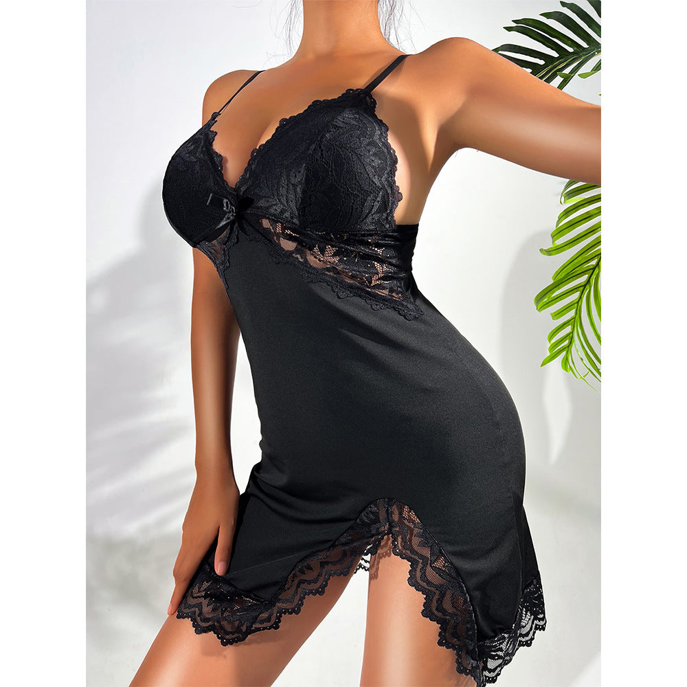 Sexy Seduction Sexy Lingerie Lace Stitching Pajamas Dress T Back Two Piece Suit
