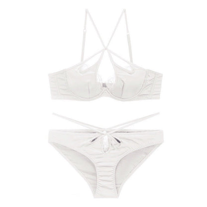French Sexy Underwear Glossy Cutout Eyelash Lace Thin Soft Steel Ring Criss Cross Strap Push up Bra Set