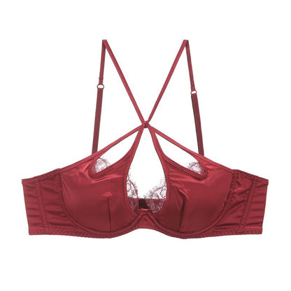 French Sexy Underwear Glossy Cutout Eyelash Lace Thin Soft Steel Ring Criss Cross Strap Push up Bra Set