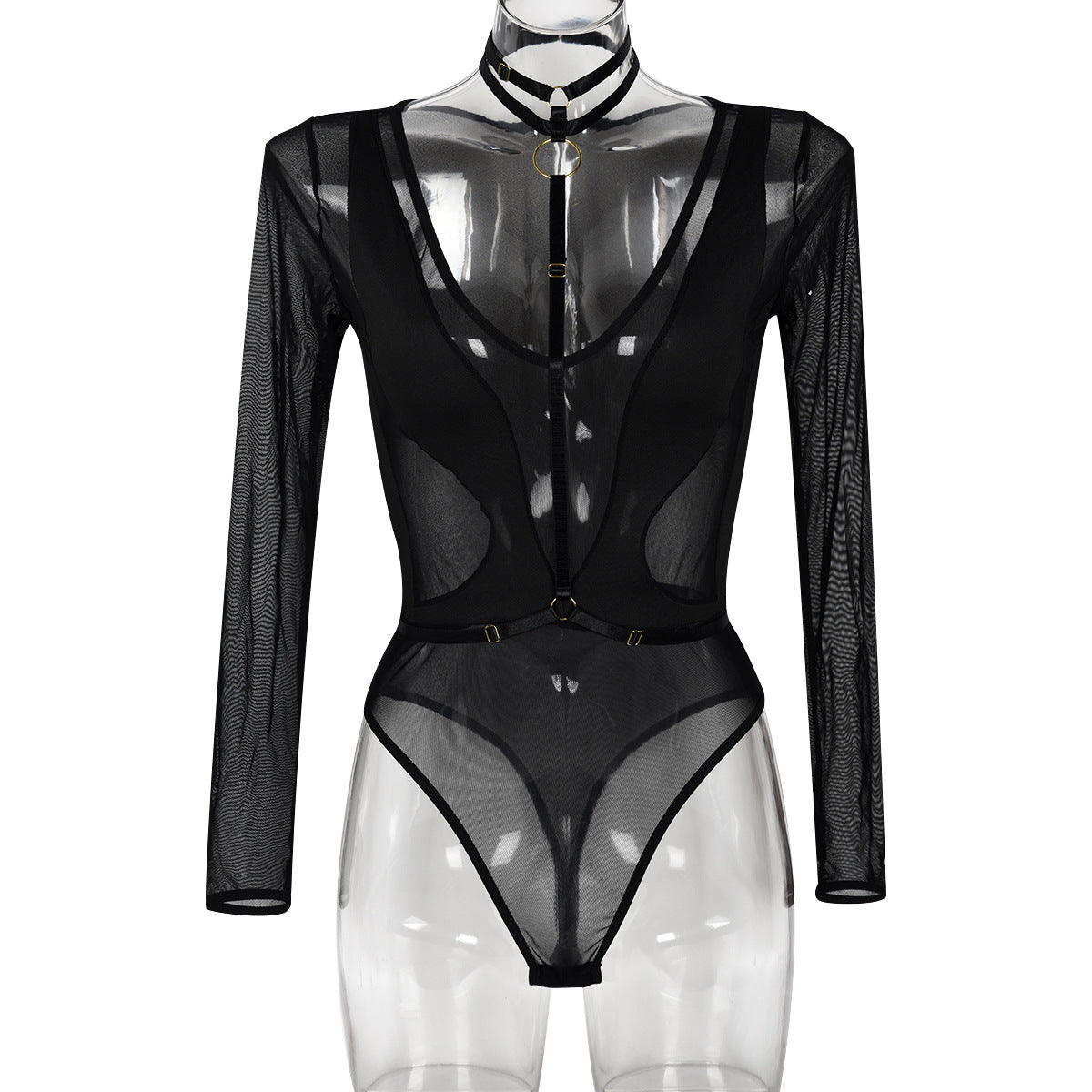 Women Clothing Spring Autumn Mesh Long Sleeve Hollow Out Cutout out See through Stitching V-neck Halter Jumpsuit Women