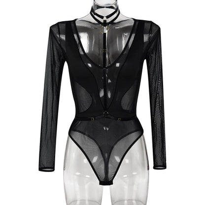 Women Clothing Spring Autumn Mesh Long Sleeve Hollow Out Cutout out See through Stitching V-neck Halter Jumpsuit Women