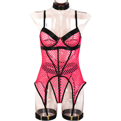 Sexy Skirt Three Piece Set At Large Mesh Stitching with Steel Ring Halter Leg Ring Underwear
