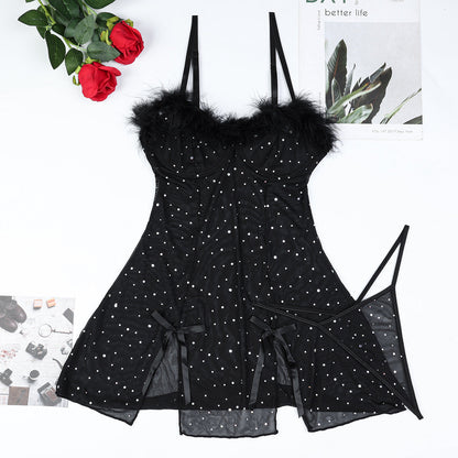 Sexy Black Rhinestone Shiny Crystal Feather Stitching See through Elastic Net Split Dress Two Piece Set Women