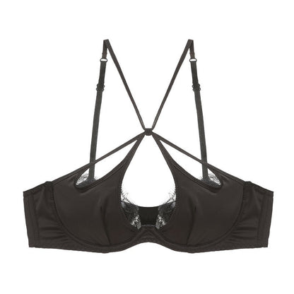 French Sexy Underwear Glossy Cutout Eyelash Lace Thin Soft Steel Ring Criss Cross Strap Push up Bra Set