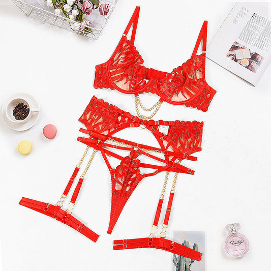 Flame Embroidery Sexy Chain Bra Hollow Out Cutout Ribbon Wedding Sexy Lingerie Four Piece Set