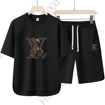 2025 Summer Street men fashion Breathable fitness sports fashion high quality printed short sleeve T-shirt + jogging shorts set