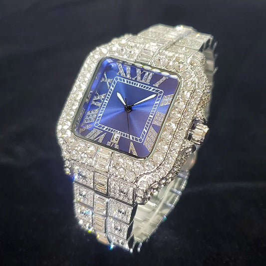Luxury Diamond Watch Men Hip Hop Bling Iced Out Quartz Watches Fashion Blue Dial Silver Shiny Party Jewelry Relojes Dropshipping
