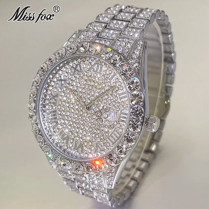 Hot Hip Hop Iced Out Watch for Mens Brand MISSFOX Fashion Bling Quartz Clocks Luxury Full Diamond Wrist Watches Man Reloj Hombre