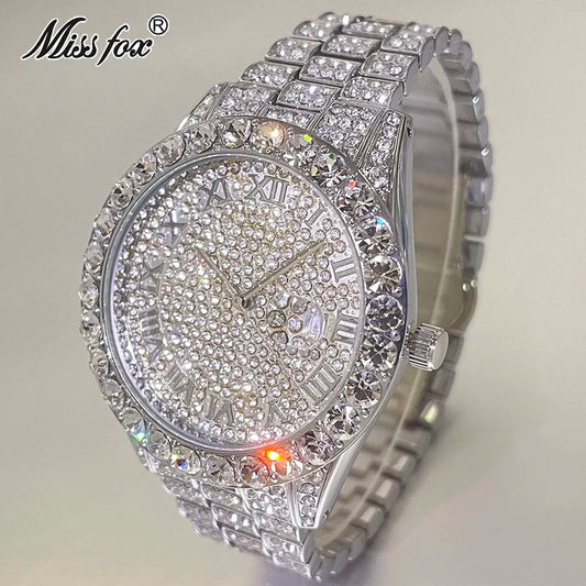 Hot Hip Hop Iced Out Watch for Mens Brand MISSFOX Fashion Bling Quartz Clocks Luxury Full Diamond Wrist Watches Man Reloj Hombre