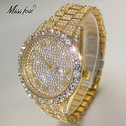 Hot Hip Hop Iced Out Watch for Mens Brand MISSFOX Fashion Bling Quartz Clocks Luxury Full Diamond Wrist Watches Man Reloj Hombre