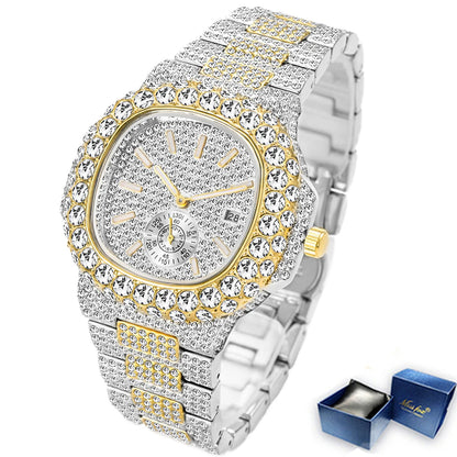 Hip Hop Brand MISSFOX Fashion Iced Out Watches Men Luxury Full Diamond 18K Gold Automatic Date Clock Steel Waterproof Watch Male