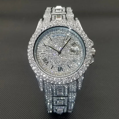 Luxury Shiny Diamond Watch For Men Hip Hop Trendy Iced Out Quartz Watches High Quality Stainless Steel Waterproof Day Date Clock